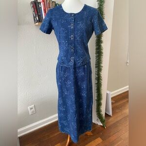 Vtg Dark Wash Denim Linen Blend Floral MIDI Skirt Weskit Set Cottage Art Whimsy